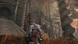 A character approaches a grand castle in a gloomy landscape.