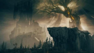 Mystical landscape featuring a giant tree and ruined castle.